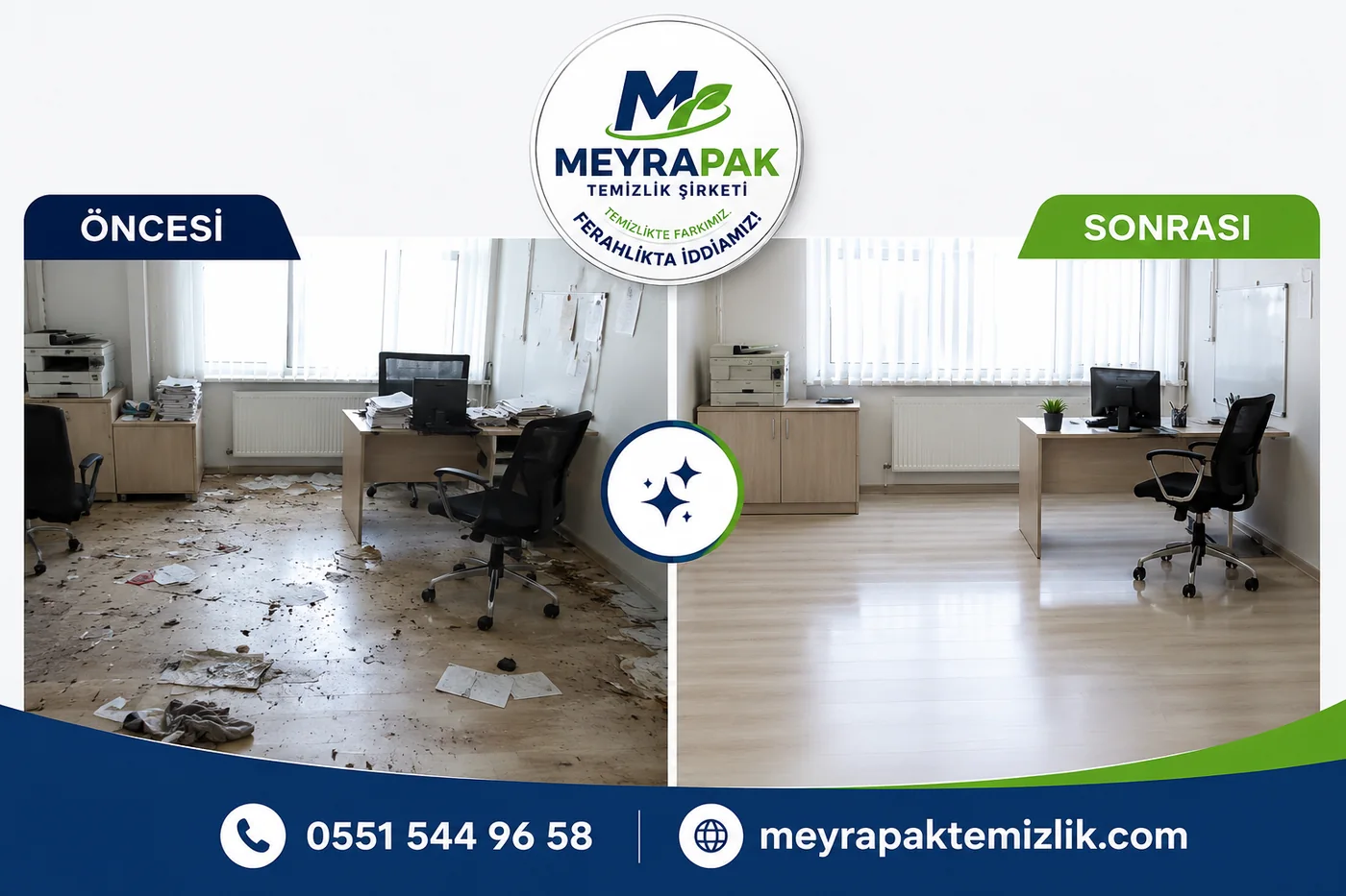 Meyrapak Temizlik ofis öncesi ve sonrası — kirli ofisten tertemiz ofise dönüşüm