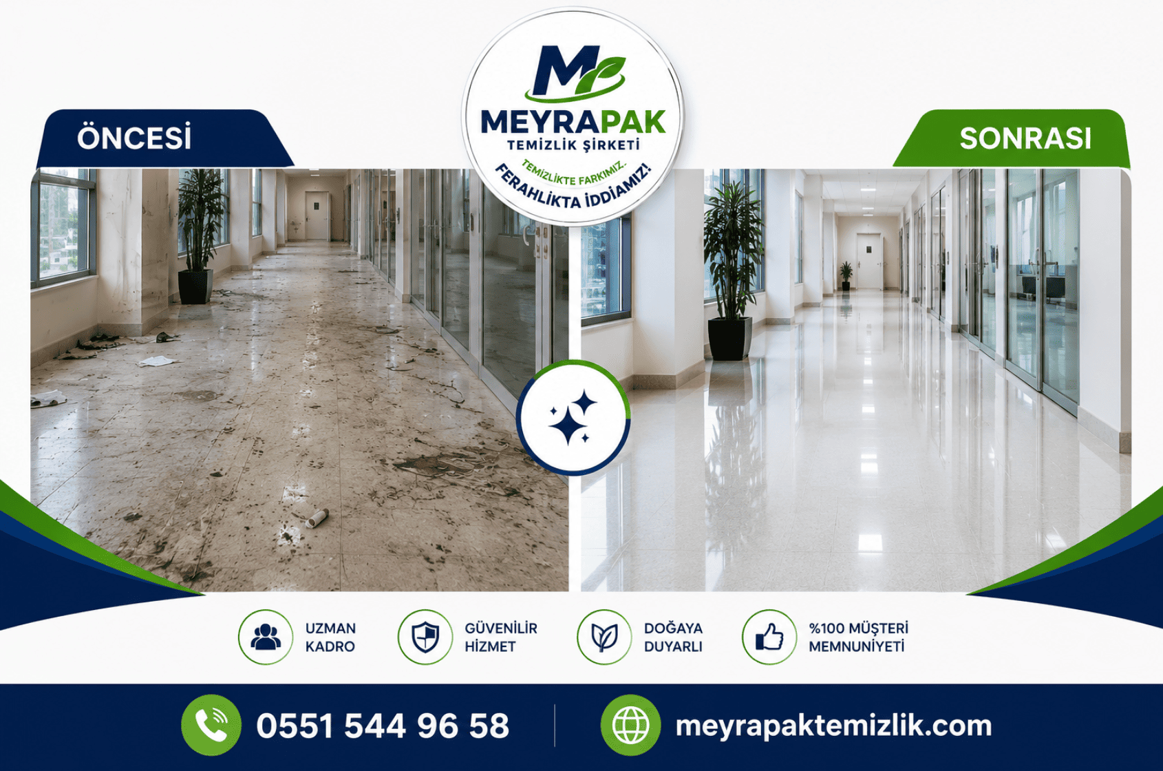 Meyrapak Temizlik koridor öncesi ve sonrası — kirli koridordan pırıl pırıl koridora